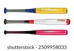 An illustration of three baseball bats, each designed with vibrant colors and unique patterns. The top bat is yellow with a blue handle, the middle one is white with a red tip and black handle