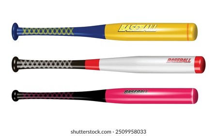 An illustration of three baseball bats, each designed with vibrant colors and unique patterns. The top bat is yellow with a blue handle, the middle one is white with a red tip and black handle