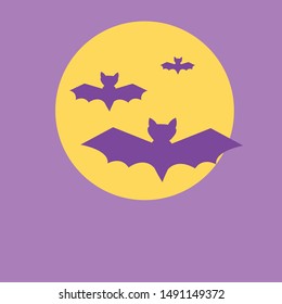 Illustration of three bats on the background of the full moon at night. Simple cartoon design, concept for cards, posters for Halloween.