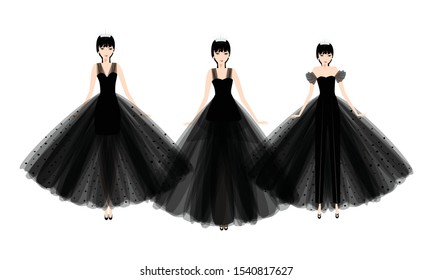 Illustration of three beautiful girls on glamour ball gown for party. Dress on woman. Vector fashion illustration for online shop.