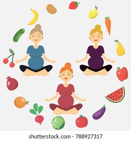 Illustration of three beautiful pregnant women who are engaged in fitness. Women are surrounded by vegetables and fruits. Healthy food. Healthy lifestyle. Sports for pregnant women. Vector illustratio