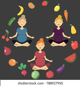 Illustration of three beautiful pregnant women who are engaged in fitness. Women are surrounded by vegetables and fruits. Healthy food. Healthy lifestyle. Sports for pregnant women. Vector illustratio