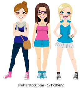 Illustration of three beautiful young girls wearing casual fashion style clothing
