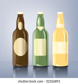 An illustration of three beer bottles with labels and reflexions