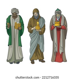 Illustration of the three Biblical Magi Melchior, Caspar and Balthazar (also referred as three king or three wise men) (Design Element)	