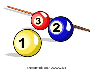 Illustration of three billiard balls and a stick