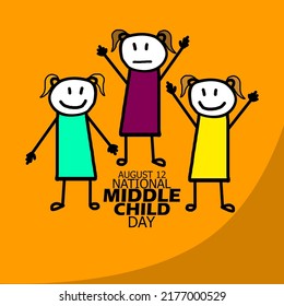 Illustration Of Three Biological Daughters With A Middle Child Who Looks Less Than Happy With Bold Text On Orange Background, National Middle Child Day August 12