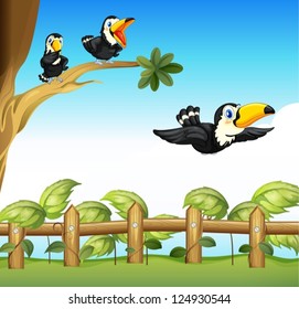 Illustration of the three birds in the branch of a tree