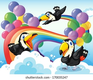 Illustration of the three birds near the rainbow and balloons