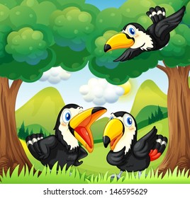 Illustration of the three black birds at the forest 