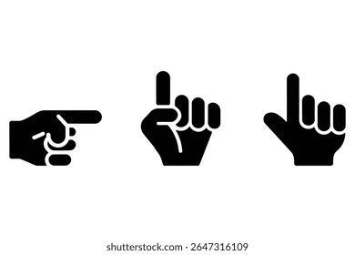 Illustration of three black hand icons with index finger pointing up and to the side on a white background.