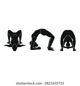 Illustration of three black silhouettes showing a person in various yoga positions including a backbend and forward folds.