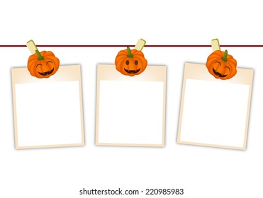 Illustration of Three Blank Instant Photo Prints or Instant Print Transfer Hanging on Jack-o-Lantern Pumpkin Clothespins, Sign for Halloween Celebration. 