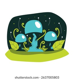 Illustration of three blue alien mushrooms with glowing tops surrounded by green leaves and swirling vines against a dark background.