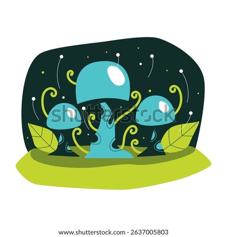 Illustration of three blue alien mushrooms with glowing tops surrounded by green leaves and swirling vines against a dark background.