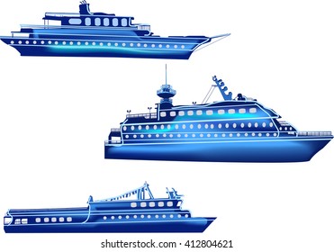 illustration with three blue ships isolated on white background