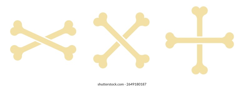 Ilustração de três desenhos de ossos: duas versões de ossos cruzados que fazem a letra X e um arranjo em forma de cruz. Todos os ossos são beges claros e sobre um fundo branco.