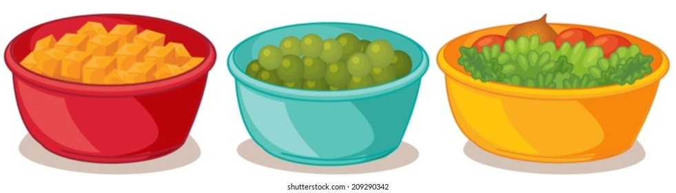 Illustration of three bowls of different food