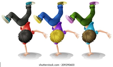 Illustration of three boys doing a handstand