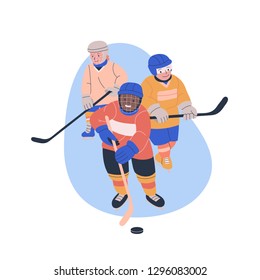 Illustration with three boys playing ice hockey game. Isolated vector with kids as young players