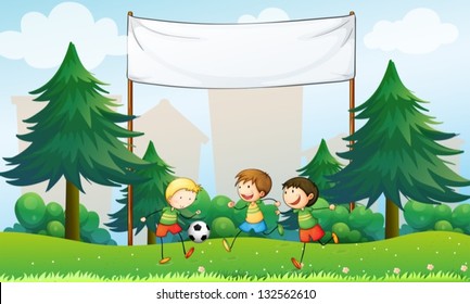 Illustration of the three boys playing soccer below an empty banner