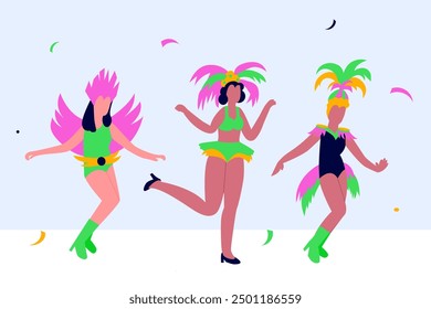 Illustration of three Brazilian carnival dancers: vibrant samba costumes, elaborate feathered headdresses, and lively, festive poses.