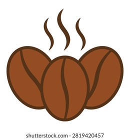 Illustration of three brown coffee beans with steam rising, symbolizing hot beverage