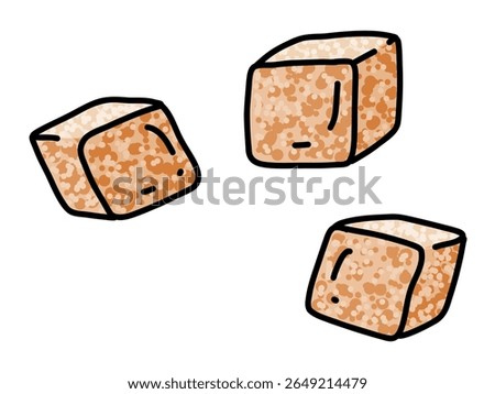 Illustration of three brown sugar cubes with visible textured surfaces, arranged at varying angles for a dynamic look. Clean outline style on a white background. Ideal for projects related to drinks, 