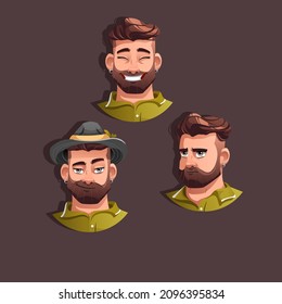 Illustration of three brutal bearded men with different emotions: smile, seriousness, laughter