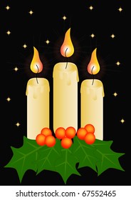 illustration three burning candles sheet and berries