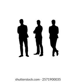 Illustration of three business professionals depicted as black silhouettes in formal standing poses. Ideal for corporate projects, branding materials, and modern graphic designs.