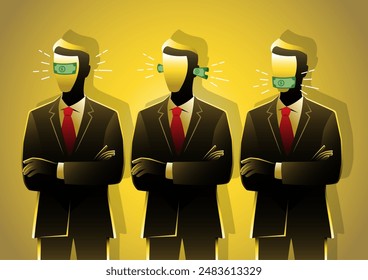 An illustration of three businessmen with money - Three wise moneys. Speak no evil, see no evil and hear no evil. Three monkey concept.