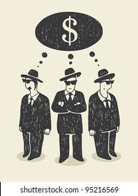 Illustration with a three businessmen thinking about money.