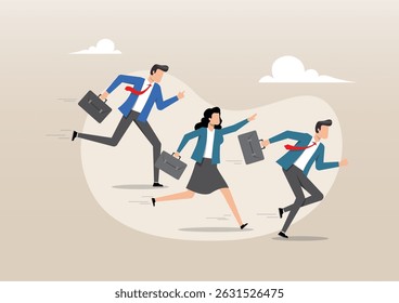 An illustration of three businesspeople, two men and one woman, running in a metaphorical race to career success
