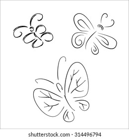 Illustration of three butterflies drawn in black and white colors in minimalistic style. Good for logo, art, decoration, design projects use.
