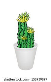 Illustration of Three Cactus Plant and Yellow Flower in Flowerpot for Garden Decoration, Isolated on White Background 