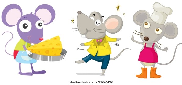 Ilustración de tres ratones de dibujos animados sobre blanco