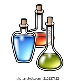 Illustration of three cartoon potion bottles with different colored liquids inside. Raster.
