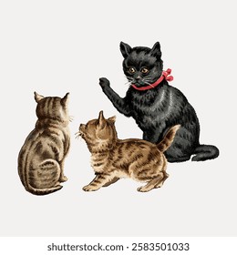 Illustration of three cats: a black cat with a red ribbon and two brown tabby cats. Playful cats, vintage style, feline trio. Cats interacting, classic art. Vintage cat illustration vector.