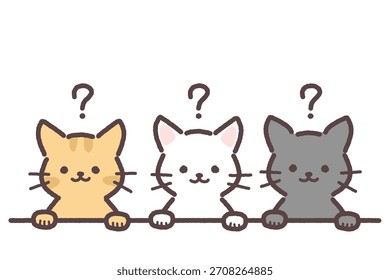 Illustration of three cats lined up and a question mark.