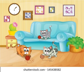 Illustration of the three cats playing inside the house