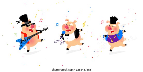 Illustration Of Three Cheerful Pigs Musicians. Vector. Flat Style. Pig Rock Musician, Pig Pop Singer. Candy And Holiday. Characters For Karaoke And Shop. Leading Corparatives.