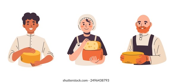 Ilustración de tres queseros sosteniendo ruedas de queso, cada uno con características y atuendo distintos. Ilustración plana aislada. Producción artesanal y concepto de industria alimentaria.