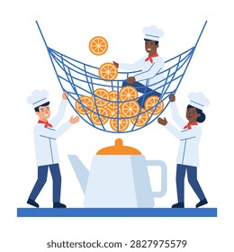 Illustration of three chefs catching orange slices in a large blue net above a white teapot