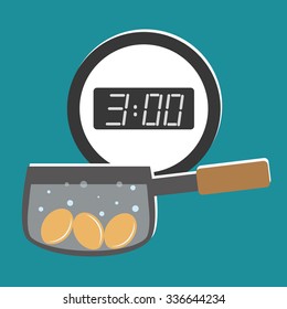 Illustration of three chicken eggs boiling in a saucepan under a digital wall clock