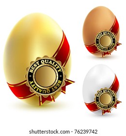 Illustration of three chicken eggs with a ribbon and sign of quality. Vector.