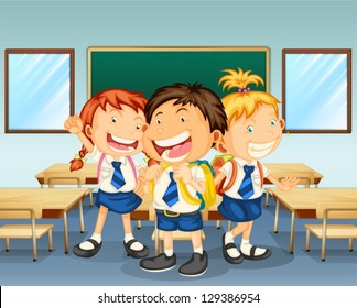 Illustration of three children smiling inside the classroom