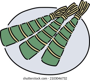 It is an illustration of three chimaki of Japanese sweets. 