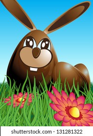 Illustration of three chocolate easter eggs hidden in a meadow with flowers. An egg-shaped Easter Bunny. Blue, brown and green.