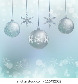 Illustration of three Christmas decoration balls with snowflakes, blur elegant background